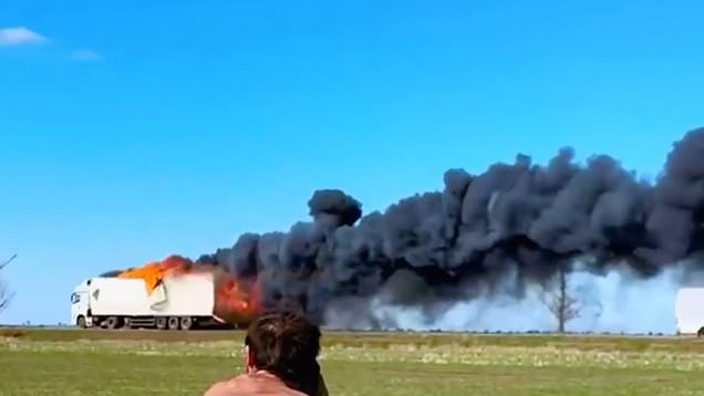 Russian Supply Trucks Race Through Flames After Ukrainian Drone Strikes