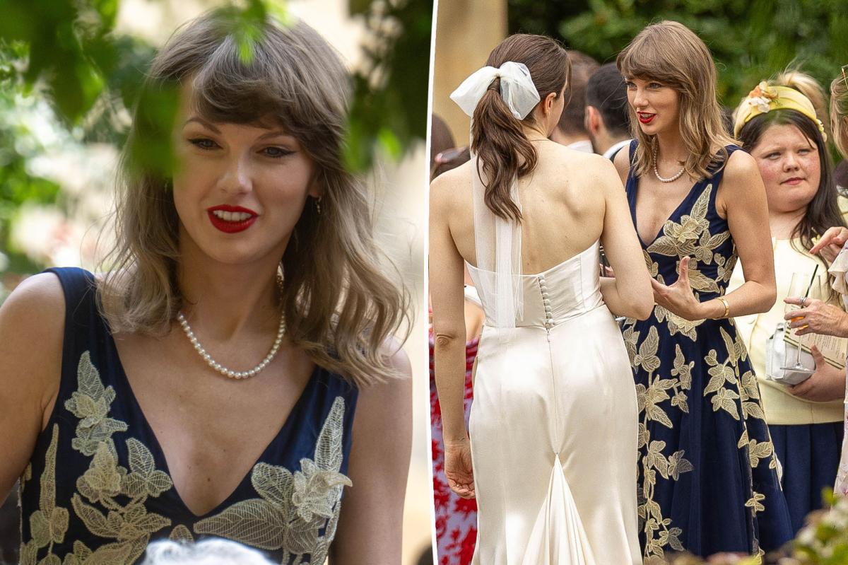 Taylor Swift Stuns in Navy Tulle and Pearls at UK Wedding