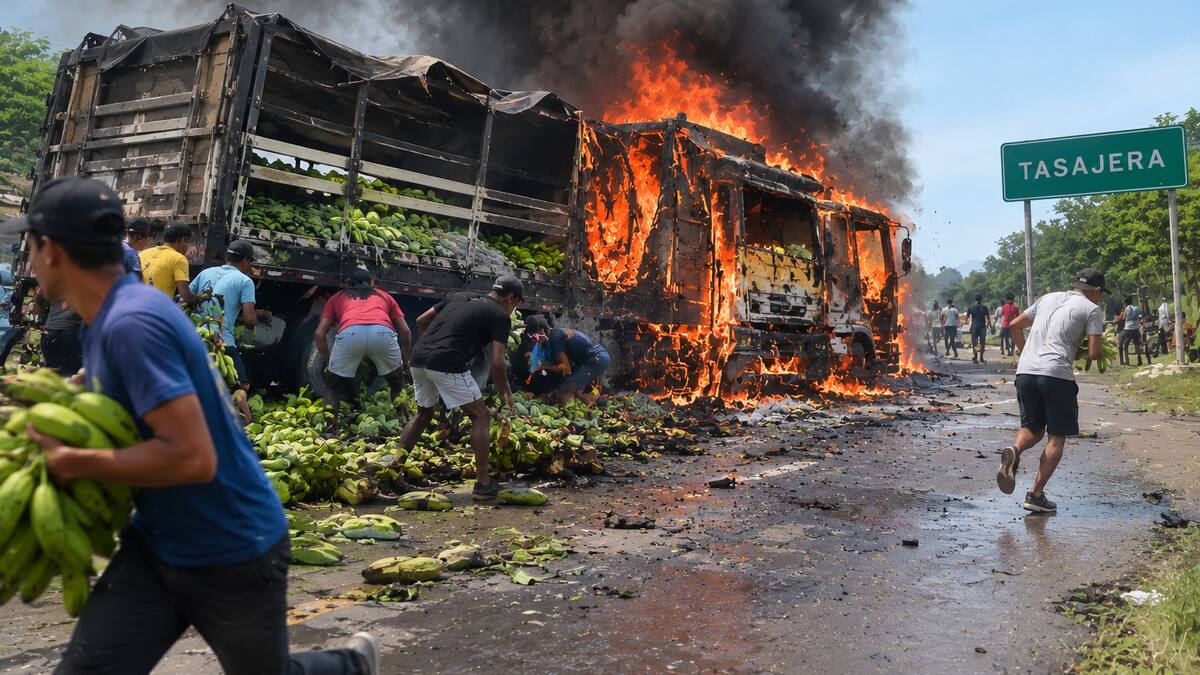 Camión de bananos explota en Tasajera mientras era saqueado