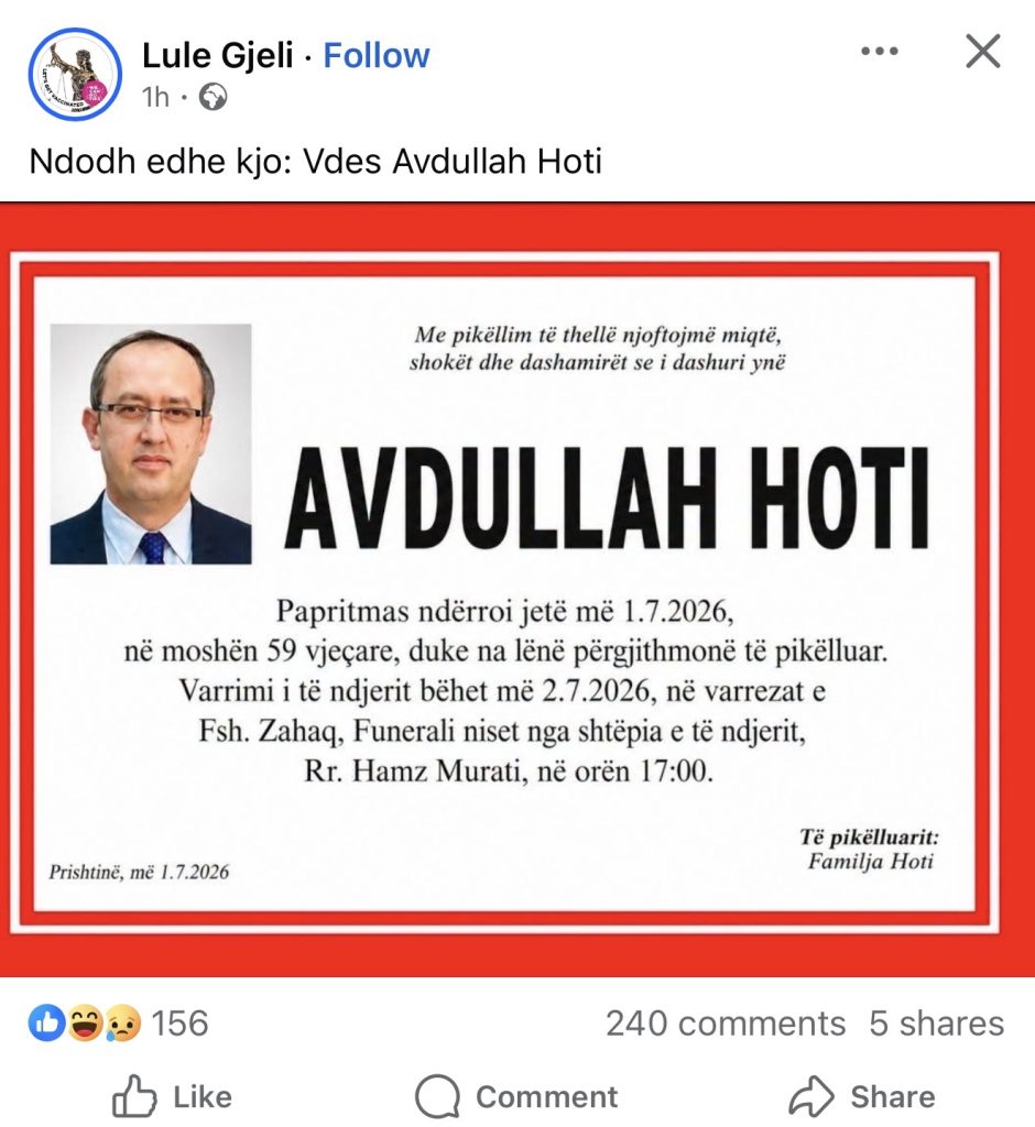 Avdullah Hoti's Fake Death Announcement Sparks Outrage on Social Media