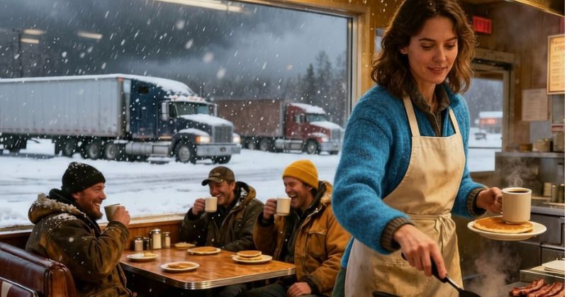 Restaurant provides shelter for 12 truckers stranded by the storm, sparking city-wide intrigue after 48 hours.
