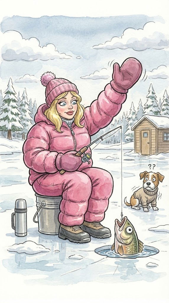 A woman with blonde hair chose to try ice fishing.