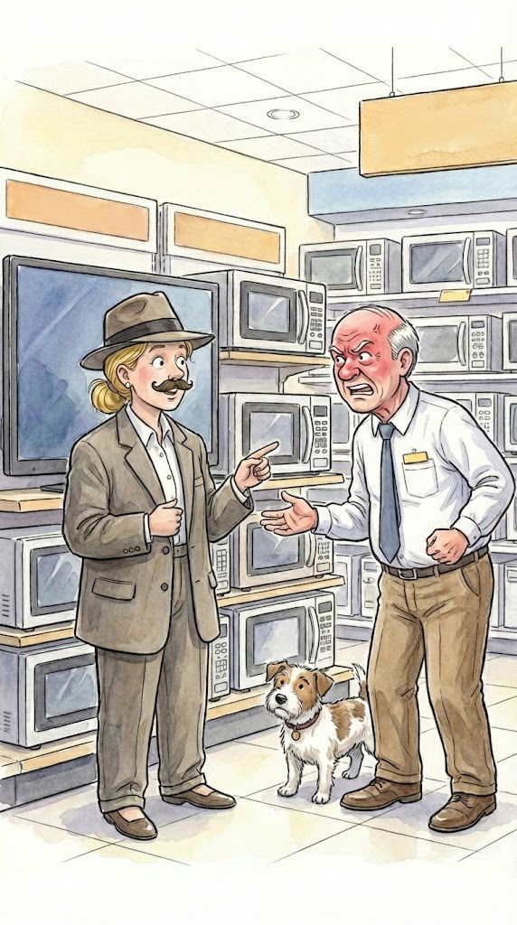 A blonde woman goes to a store to purchase a new television.