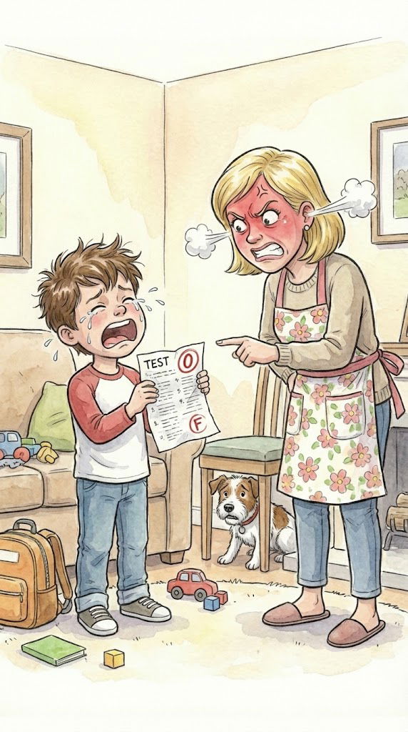 A boy returns home from school.