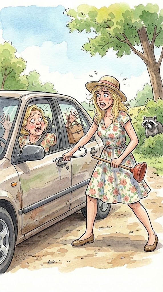 A woman with blonde hair is driving on the road.