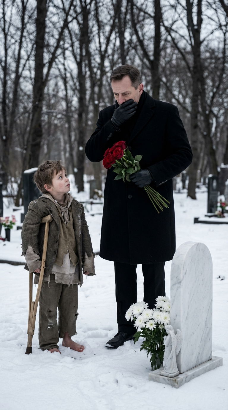 A homeless boy reveals his identity to a millionaire at his child's grave, leading to a shocking realization for the man.