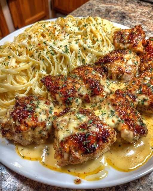 Chicken bites cooked in garlic butter served with creamy Parmesan pasta.