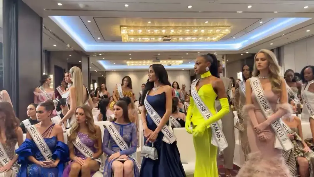 Miss Universe winner leaves ceremony following executive's inappropriate comment captured on camera.