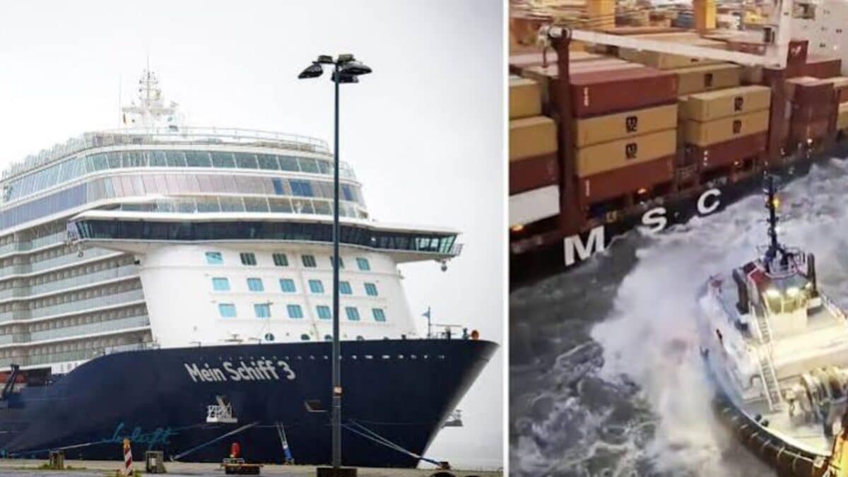 Crociera annullata: la nave Mein Schiff 3 urta due portacontainer a Bremerhaven